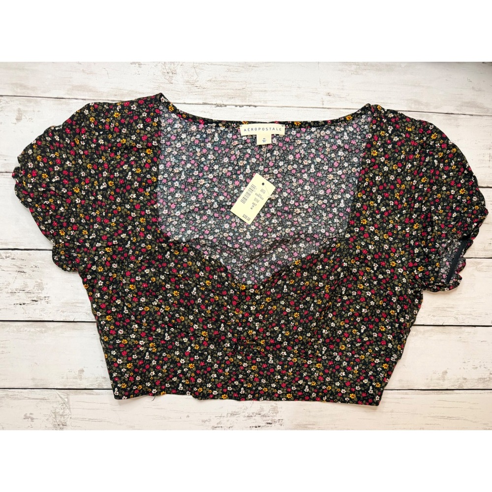 Aeropostale Womens Black Ditsy Floral SweetheartNeck Smocked Crop Top Size M NEW